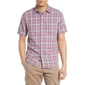 Faherty Brand Reversible Short Sleeve Plaid Chambray Button Down Shirt Red L